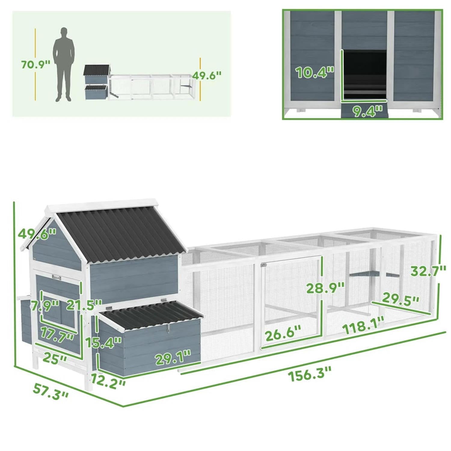 Pefilos 156" Outdoor Large Wooden Chicken Coop with Nesting Box, Runs, Farm Hen House 10-15 Hens, Weatherproof Pet House for Rabbits, Poultry, Gray