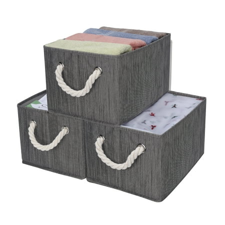 Foldable Storage Basket, 3-Pack, Large, Taupe, Bamboo Style, Cotton Rope Handles
