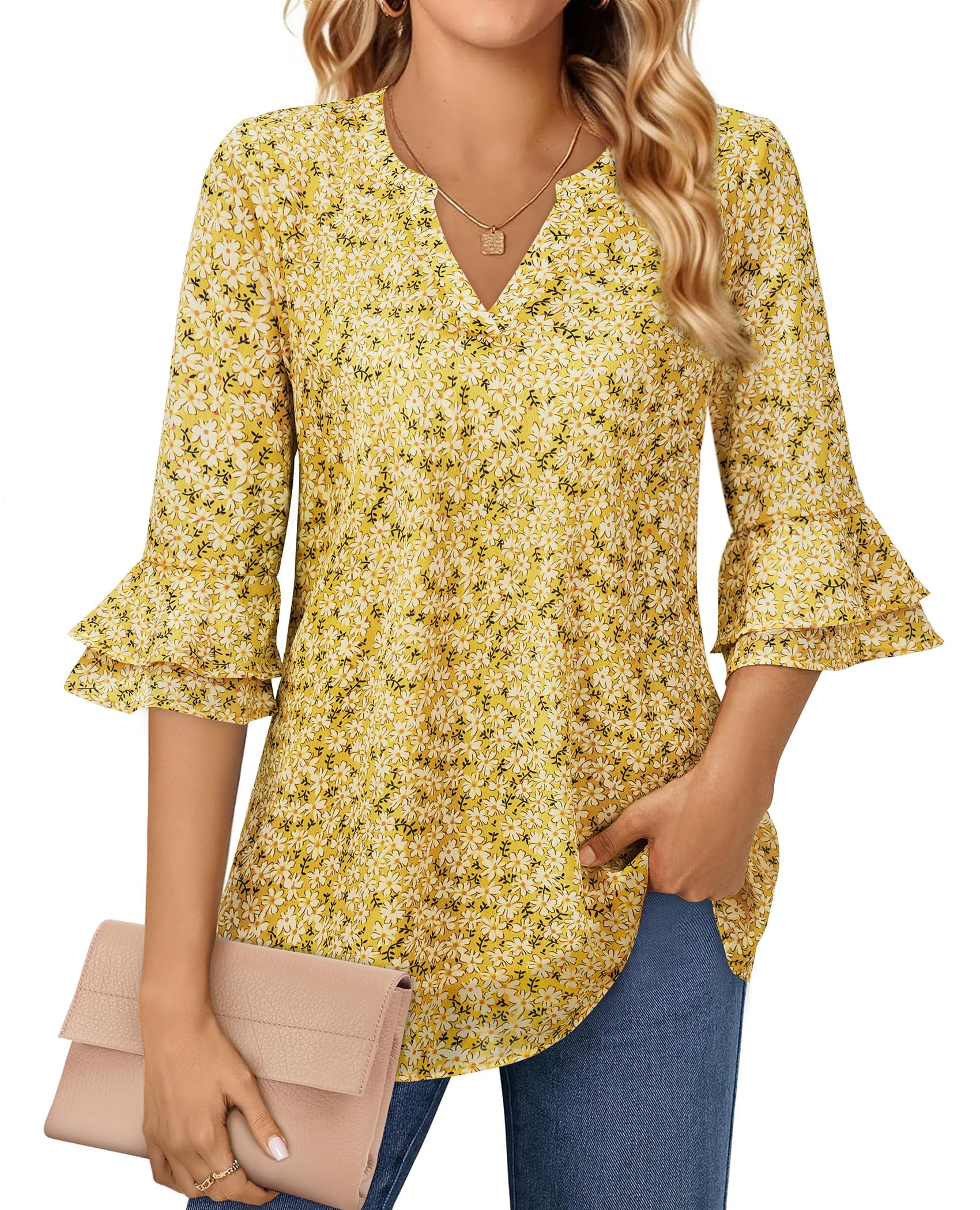 Blusa Uhiger para mujer, doble capa, chifón, amarillo, con