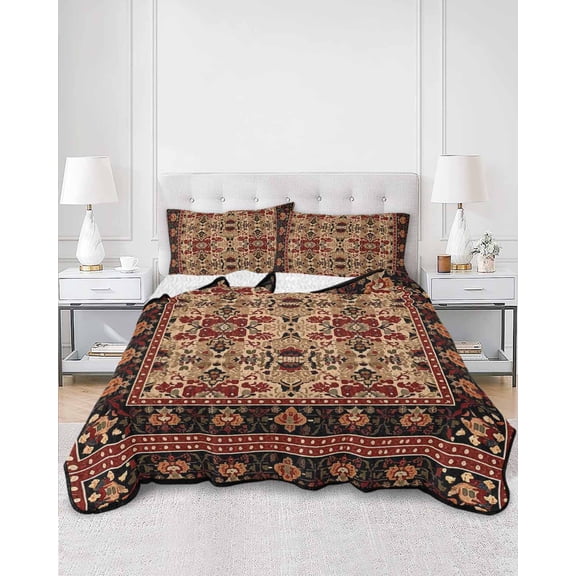 Quilts Twin Size, Brown Red Boho Soft Comforter Bedding Set for Bed, Vintage Geometric Abstract Art Lightweight Quilted Bedspread with Pillow Cover(2 Pieces) for All Season, 68x86 Inch