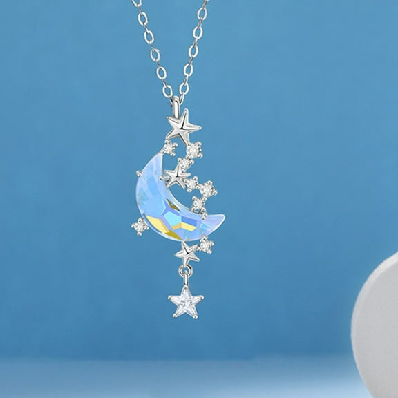 Eosunjian Women Necklace Moon Stars Rhinestones Jewelry Simple Delicate Pendant Necklace Jewelry Gifts Silver