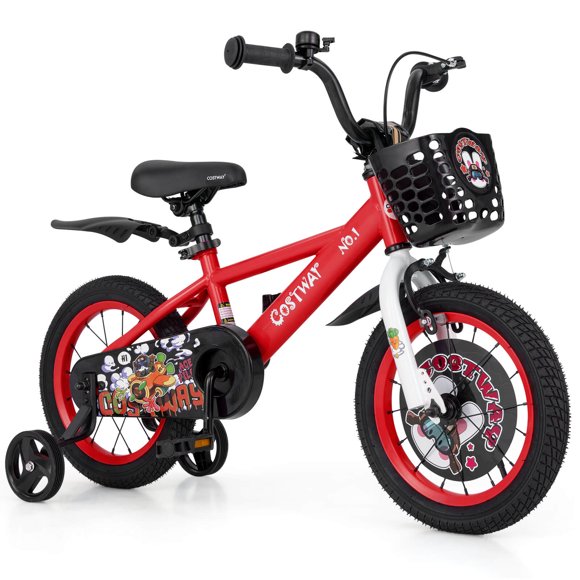 Costway Vélo 14 Pouces pour Enfant de 3 à 5 Ans avec Guidon et Selle Réglables en Hauteur, Frein à Main, Rouge