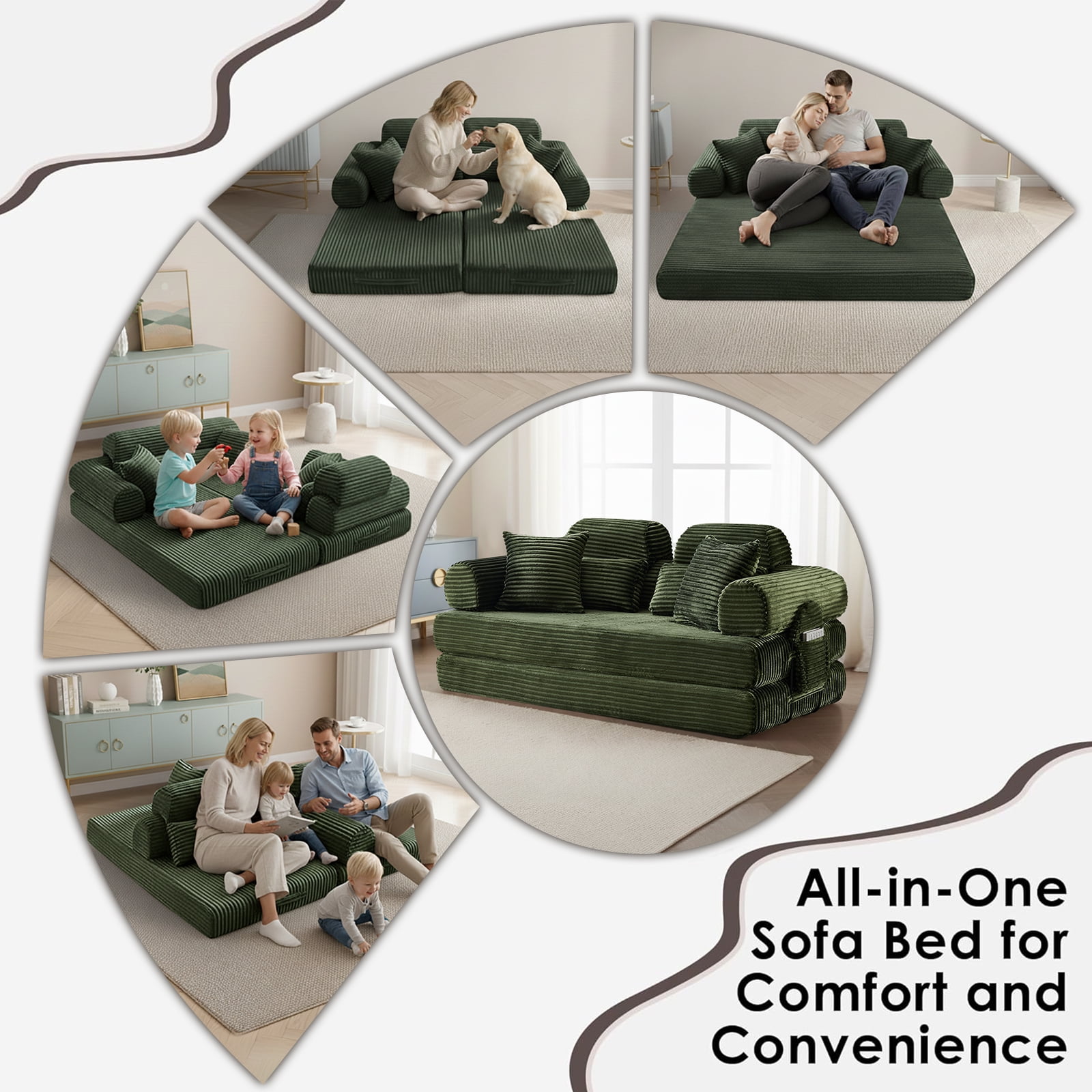 Convertible Sleeper Sofa Bed, 78.5" Modern Futon Sofa Bed for Living Room, Foldable Loveseat Sofa with Memory Foam, Corduroy Floor Mattress Couch, No Assembly Required (Green)