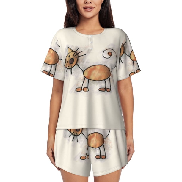 Balery Brown Cat Cartoon Conjunto de Pijama para Mujer con Estampado, Dos Piezas de Manga Corta y Shorts, Ropa de Dormir Suave con Cuello Redondo y Bolsillos-Small