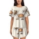 thumbnail image 1 of Balery Brown Cat Cartoon Conjunto de Pijama para Mujer con Estampado, Dos Piezas de Manga Corta y Shorts, Ropa de Dormir Suave con Cuello Redondo y Bolsillos-Small, 1 of 6