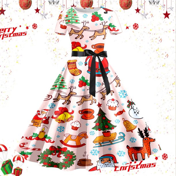 Vestidos Casuales Para Mujer, Vestido de Fiesta de Noche de Manga Corta Con Estampado Navideño de Los Años 50