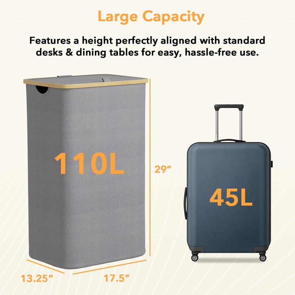 PLUMEBAY 110L Laundry Hamper with Lid, Large Foldable Clothes Basket with Bamboo Handles, Tall Fabric Hamper for Bedroom, Bathroom, Dorm, Grey