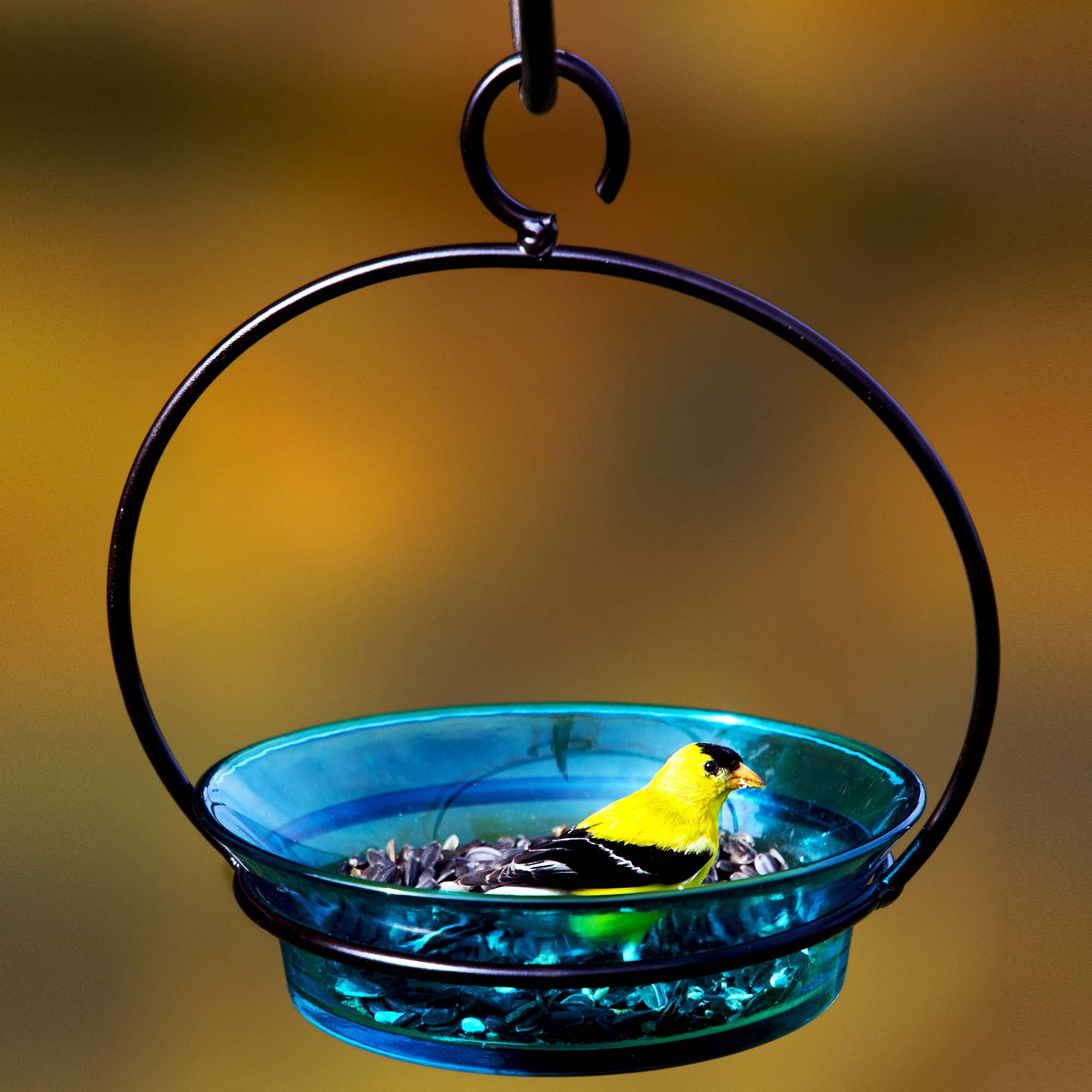 Mosaic Birds Recycled Glass & Metal Cuban Hanging Bird Bath Bowl - Bird Feeders for Outdoors - Lawn Décor - Aqua Blue