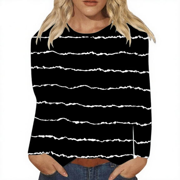 Holzkary Women's Casual Long Sleeve Striped Shirts Color Block/Solid Blouses Crewneck Sweatshirts Cute Loose Fit Pullovers Tops Women's Fashion Spring Summer Casual Long Sleeve Loose Shirt Top Black L