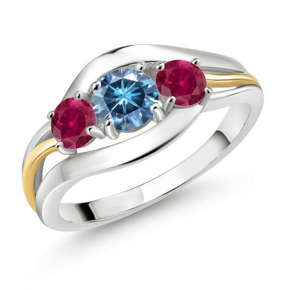 Gem Stone King 925 Sterling Silver and 10K Yellow Gold Round Persian Blue Moissanite and Red Created Ruby 3 Stone Ring for Women (1.00 Cttw, Size 5)