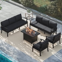 ALAULM 8-Seat Aluminum Outdoor Patio Furniture Set with Propane Fire Pit Table & 5.1" Thick Cushions, Brown/Black
