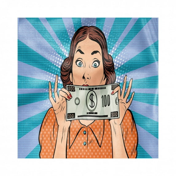 Retro Decorative Satin Napkins Set of 4, Woman Holding Dollar Bill with an Excited Expression with Starburst and Halftone Dots, Square Fabric Party & Dinner Napkin, 18", Multicolor, by Ambesonne