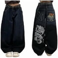 thumbnail image 1 of Pantalones vaqueros unisex estilo hip-hop gótico urbano de talle alto y corte holgado con diseños rasgados y bordados for hombre y mujer, 1 of 4