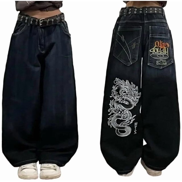 Pantalones vaqueros unisex estilo hip-hop gótico urbano de talle alto y corte holgado con diseños rasgados y bordados for hombre y mujer