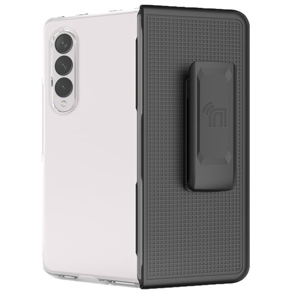 Clear Case with Clip for Galaxy Z Fold 4 5G, Nakedcellphone [Transparent] Slim Hard Shell Cover and [Rotating/Ratchet] Belt Hip Holster Holder Combo for Samsung Z Fold4 Phone (SM-F936U, 2022)