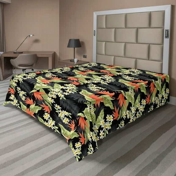 Tropical Vibes Flat Sheet, Leafy Designed Dreamy Flowers Pattern with Daisy Look Blooms, Soft & Comfy Top Sheet Decorative Bedding 1 Piece, California King, Pistachio Green Vermilion, by Ambesonne