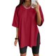 thumbnail image 2 of Blusa estampada de manga corta y cuello redondo para mujer: top holgado informal, tejido mixto, aberturas laterales, camiseta versátil para todas las estaciones, 2 of 5