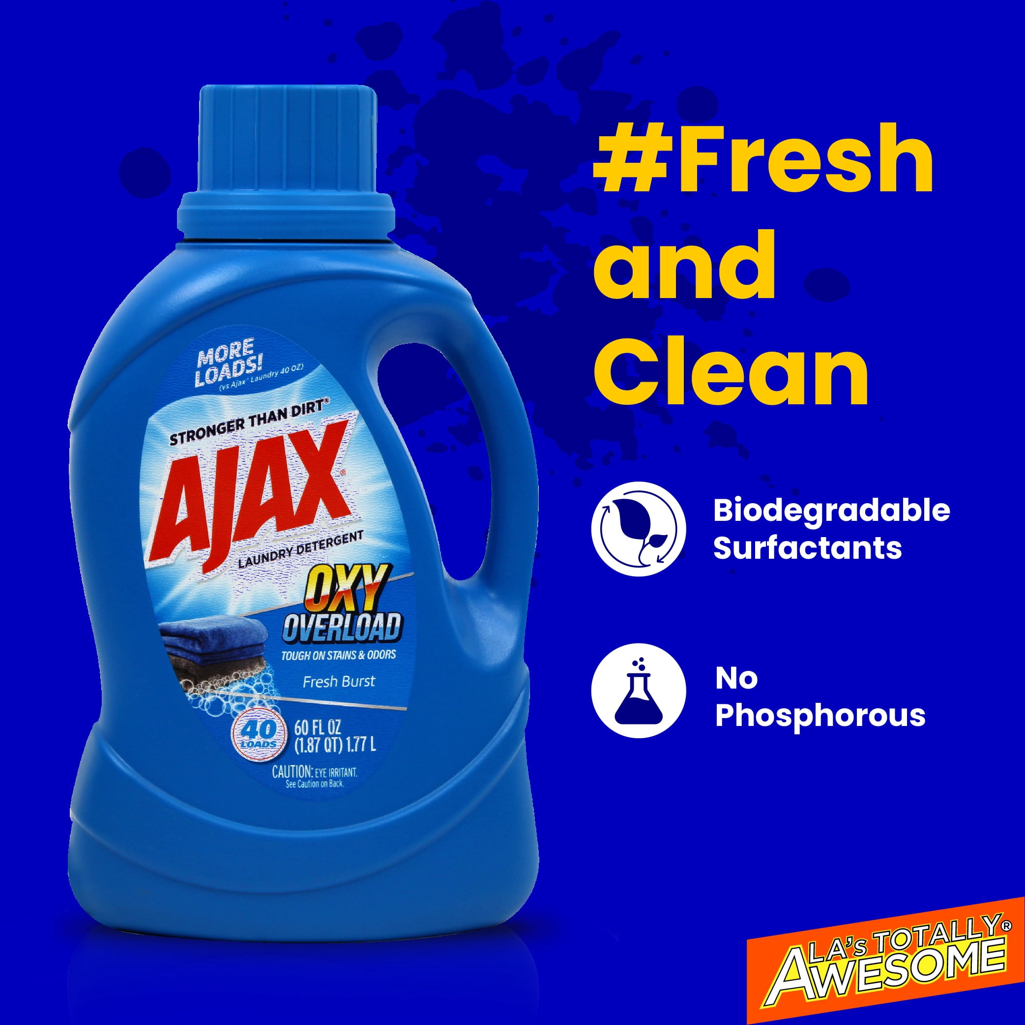 Ajax Oxy Overload Liquid Laundry Detergent, 60oz (Pack of 4) – Totally Awesome Cleaner with Deep Cleaning, Stain & Odor Removing power, HE Compatible, 160 Loads, Fresh Burst Scent