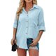 thumbnail image 1 of Camisas con botones y cuello en V para mujer Blusas de manga larga de murciélago Tops casuales de gran tamaño con bolsillo Azul M, 1 of 6