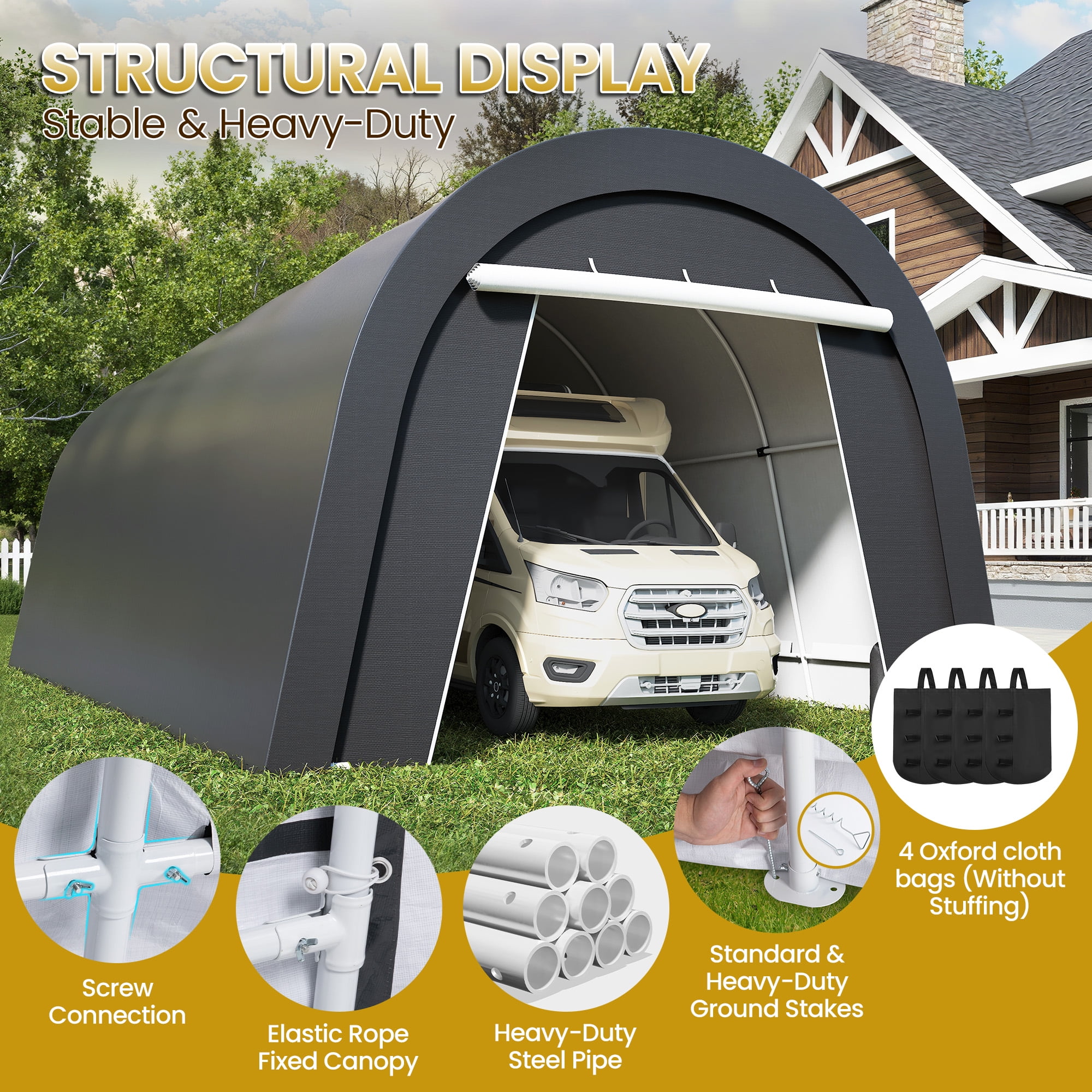 CozyHome 12' x 25' Domed Carport with 4 Cloth Bags, Portable Garage with 2 Roll-up Doors, All-Weather Storage Shelter Shed for Cars, Truck, or Garden Tools