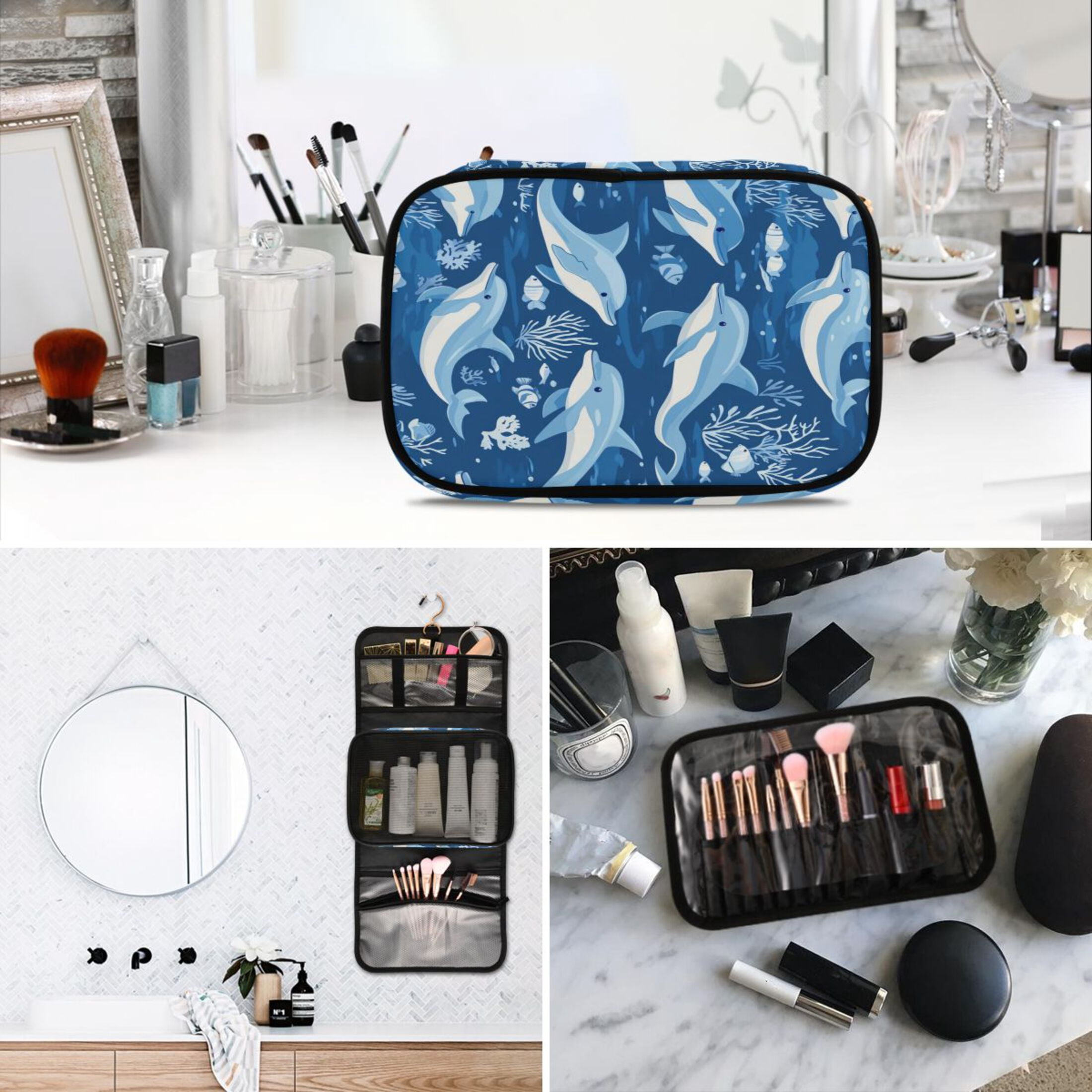 3-Piece Travel Toiletry Bag Set, Hanging Wash Bag with Makeup Bag & Brush Case,Waterproof Cosmetic Organizer for Travel, Gym & Home Playful Dolphins