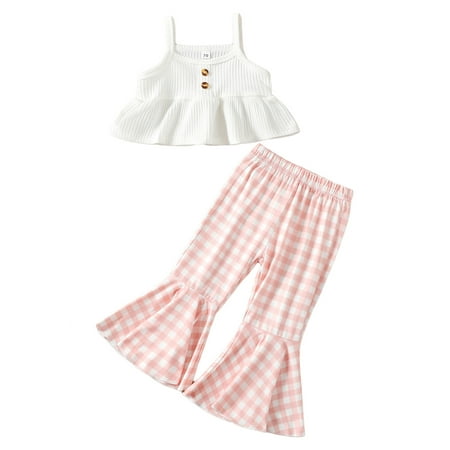 

IZhansean Baby Girls 2 Piece Summer Clothes Sleeveless Ruffle Hem Ribbed Sling Vest Tops+Plaids Flared Pants Set White 0-6 Months