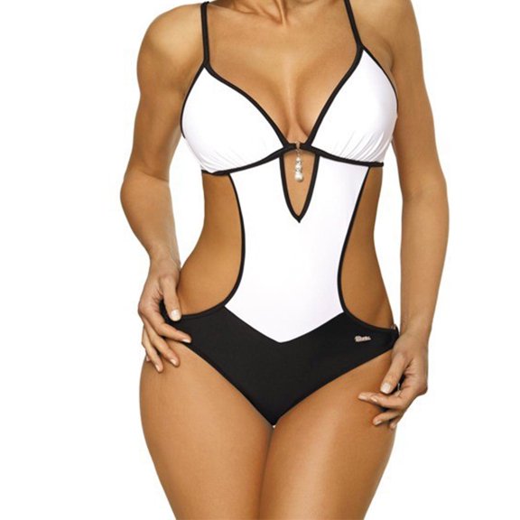 WREESH Womens One Piece Swimsuits Color Block Bikini Swimsuit Leaky Back Swimsuit Sleeveless Bathing Suits White