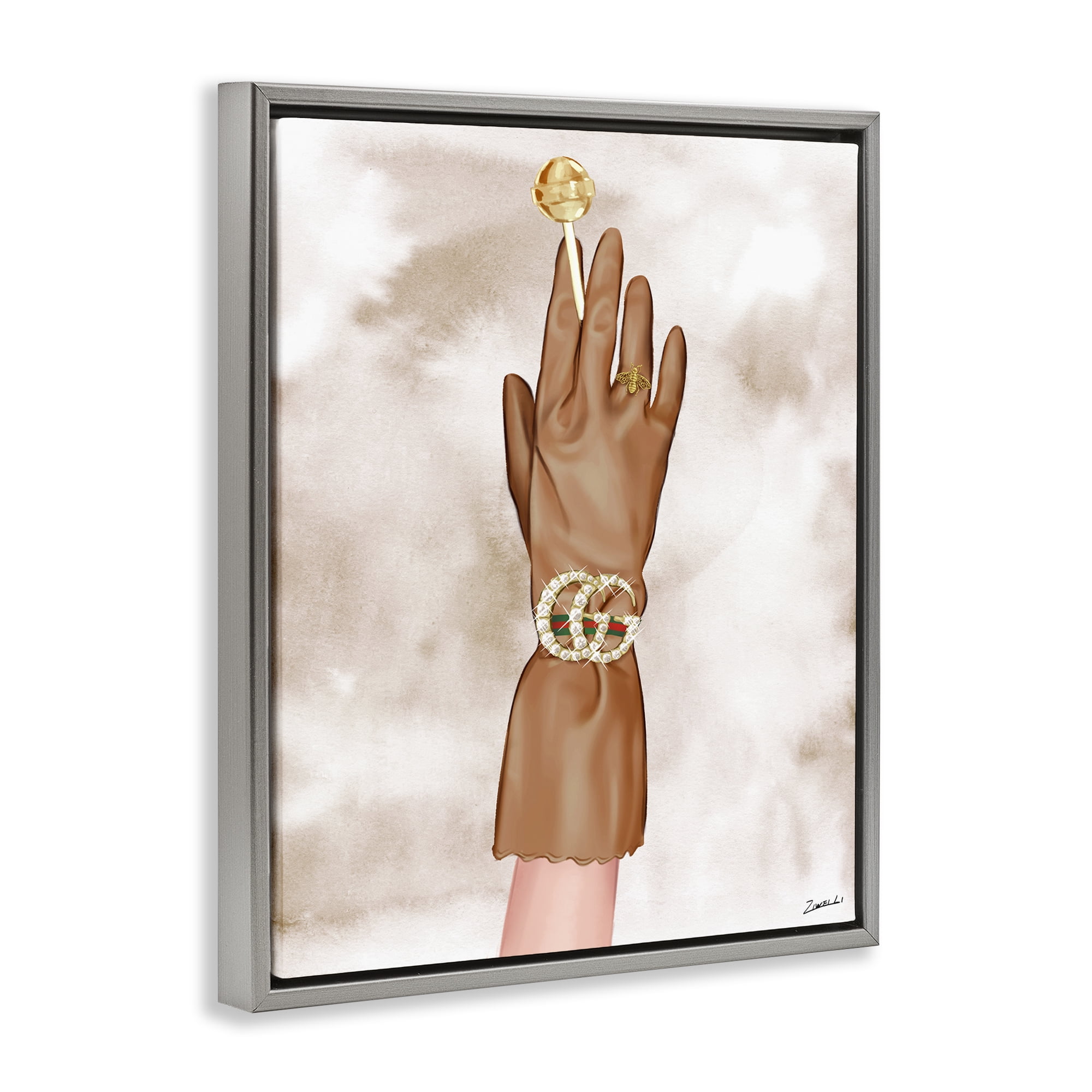 Stupell Industries Tan Glamorous Glove Fashion Painting Gray Floater Framed Canvas Art Print Wall Art, 17 x 21