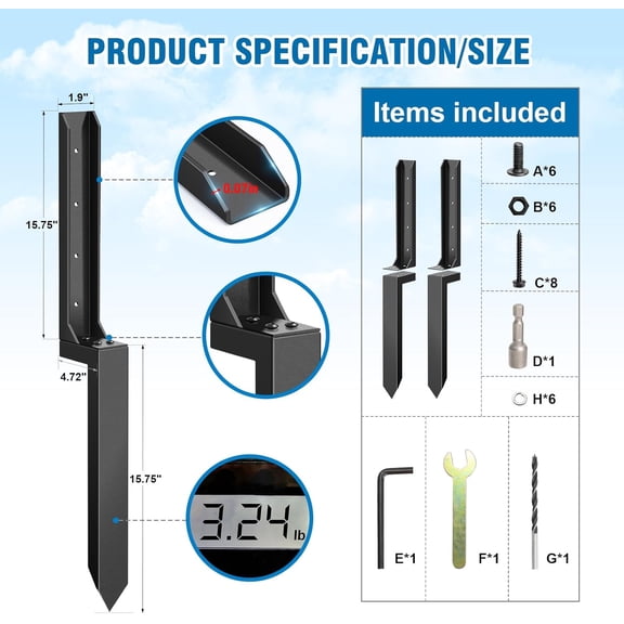 2 Pcs Thickened Steel Fence Post Anchor Kit for Wood Fence Repair Black