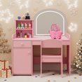 thumbnail image 6 of Kids Vanity Table and Chair Set with 2-Tier Open Shelves and Drawer, Noelse Pink Vanity Set with Mirror and Lights for Pretend Play, Girls Vanity Desk for Bedroom, 6 of 10