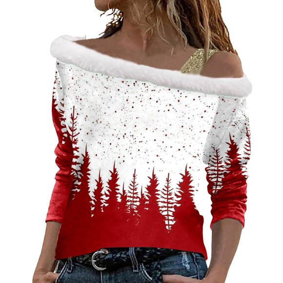 Womens Christmas Tops Long Sleeve Shirts Festive Off Shoulder With Trim Elegant Holiday Party Seasonal Celebrations Fall Clothes For Women Tees Blouses