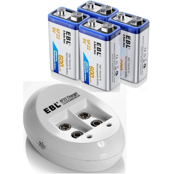 EBL 4 Pack Rechargeable Batteries 9V Max 600mAh Li-ion with Battery Charger