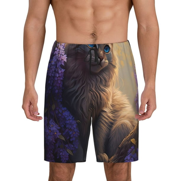 Fotbe Purple Flower Lazy Cat Pantalones Cortos de Pijama para Hombre, Ropa de Dormir, Pantalones de Pijama Cortos para Hombre-XX-Large