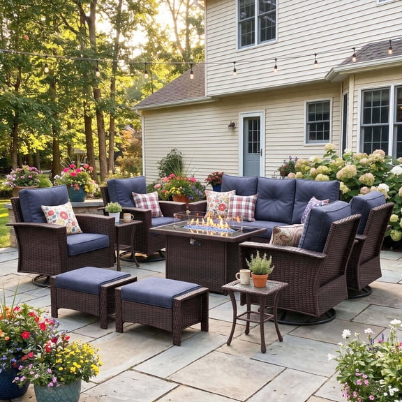 LayinSun 10 Piece Wicker Patio Furniture Set with Fire Pit Table, Classis Outdoor Conversation 360 Degree Swivel Chairs Set with Coffee Table