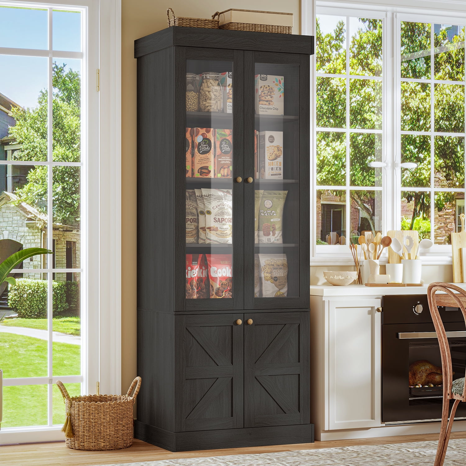 71"Tall Pantry Storage Cabinet,Wood Kitchen Cabinet with Glass Doors and Adjustable Shelves for Dining Room Living Room,Black,3Pcs
