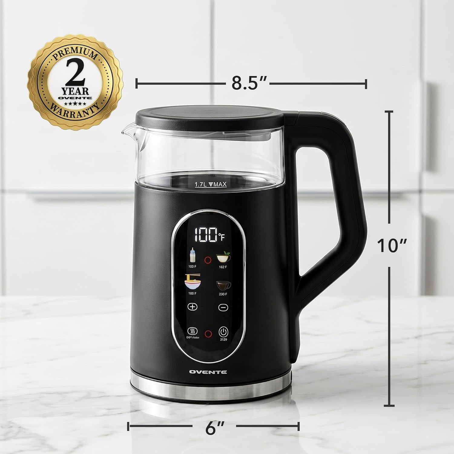 OVENTE Electric Kettle, 1.7L Fast Boiling Water Heater with Digital Touchscreen, Double-Wall Cool Touch Exterior, 5Hr Keep Warm, Auto-Shut Off, Boil-Dry Protection and Borosilicate Glass, Black KD96B