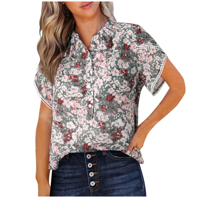 Blouses pour Femmes, Hauts d'Été Décontractés à Imprimé Floral Manches Courtes Demi-Bouton Col en V