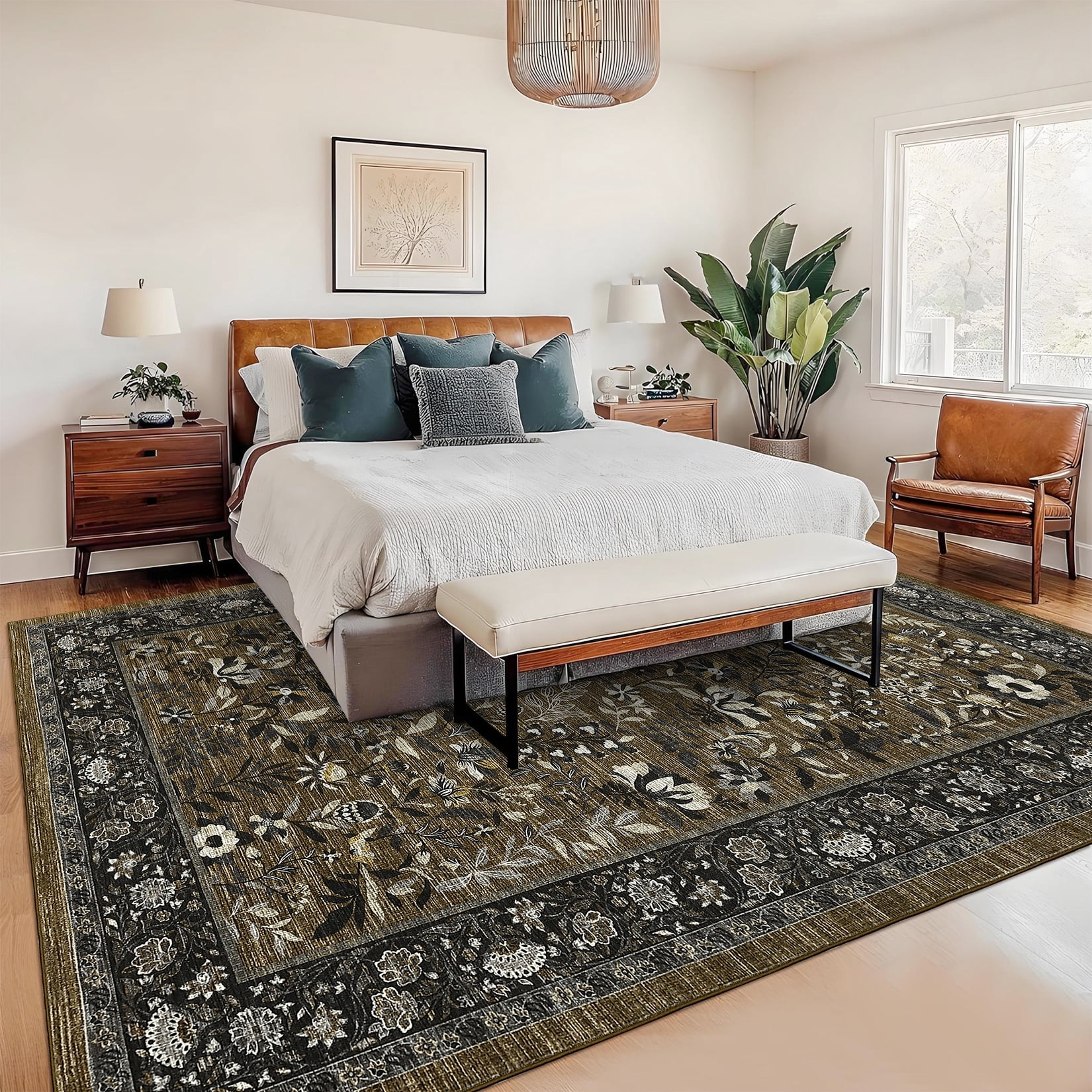 Garvee 8'x10' Vintage Floral Area Rugs Washable Botanical Printed Rugs Carpet, Low Pile Non Slip Oriental Rug Stain Resistant Indoor Rugs for Living Room Bedroom Dining Room, Brown