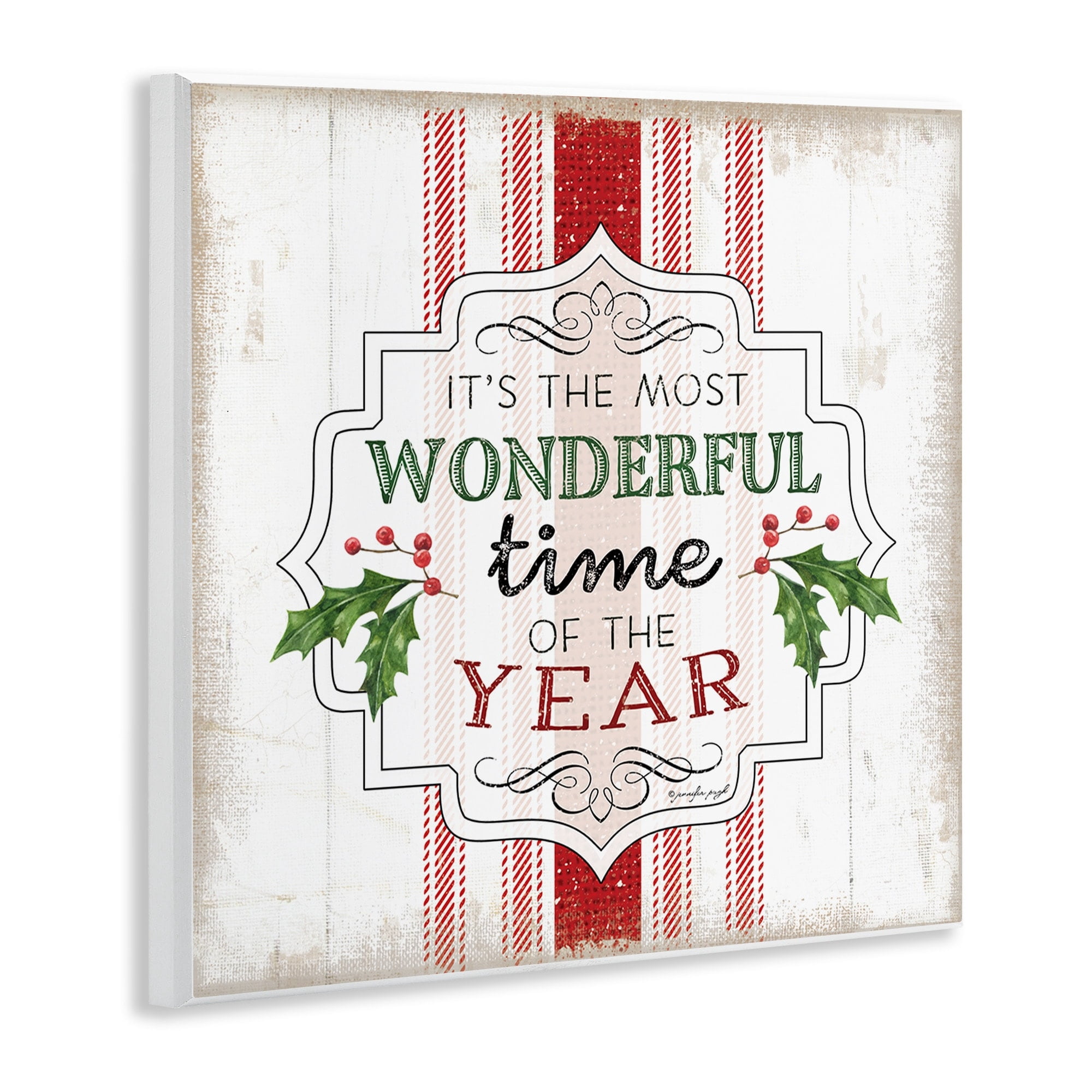 Festive Holiday Quote Holly Sprig Rustic Stripes Inspirational Graphic Art Unframed Art Print Wall Art