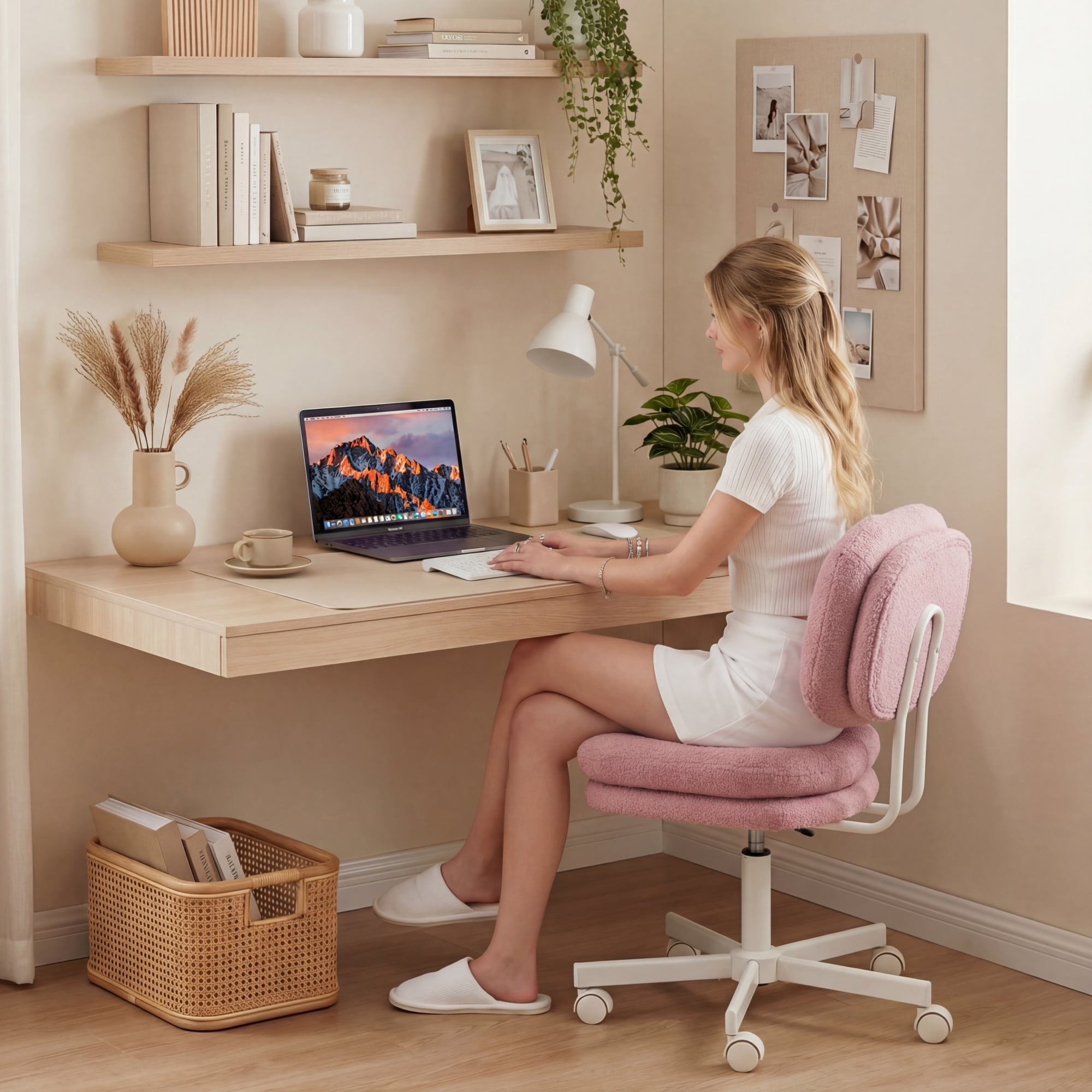 GOOSEA Adult Fabric Indoor Residential Adjustable Seat Height and Rotatable Office Chairs, Footrest, Deep Pink