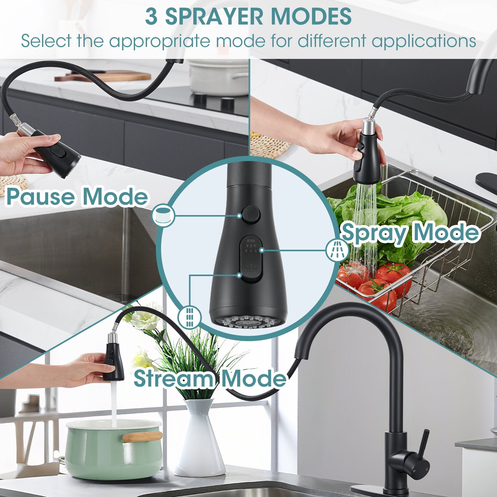 Wowkk Sanitary Ware Kitchen Sink Faucet with Pull Down Sprayer, Single Handle SUS304 Stainless Steel Kitchen Faucets with Deck Plate to Cover 1 or 3 Holes for Bar, Laundry, Matte Black