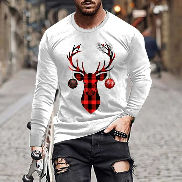 Blusas y camisas de manga larga y cuello redondo para hombre, informales, con estampado navideño, deportivas, de poliéster.