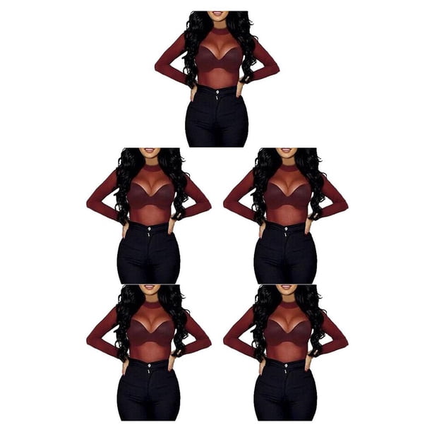 Camiseta básica para mujer Sonducket de manga larga Otoño Vino Rojo M CBP196745
