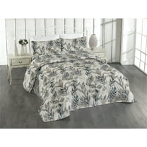 Ambesonne Bohemian Quilted Bedspread Set 3 Pcs, Feather Look Leaves Print, Twin, Warm Taupe Teal and Blue