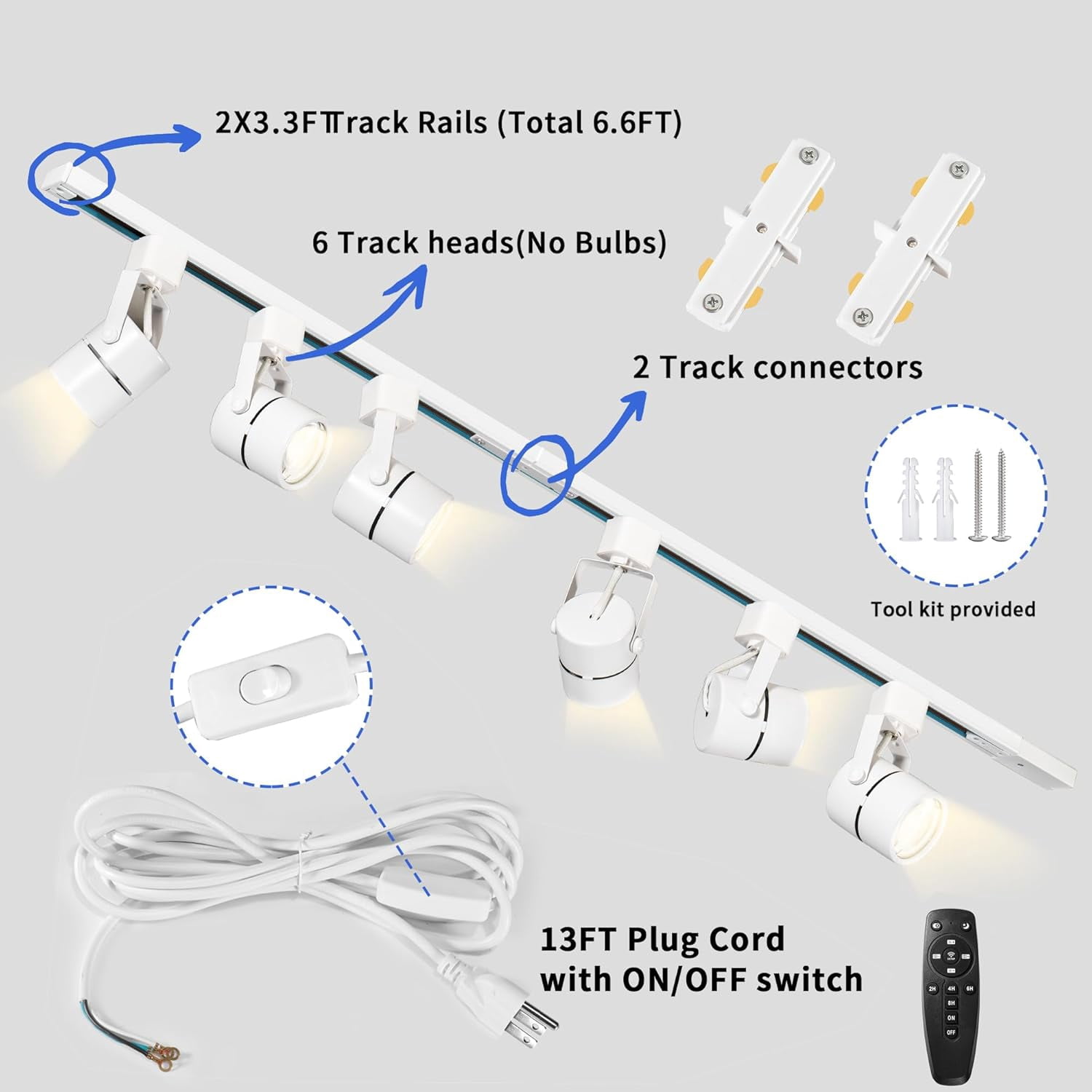 Fuyo Up Plug in Track Lighting with Power Cord & Remote, 6-Light LED Track Lighting Kit with 6.6FT H Track Lighting Rails, Modern Kitchen Plug in Ceiling Lights Fixtures, 10W White