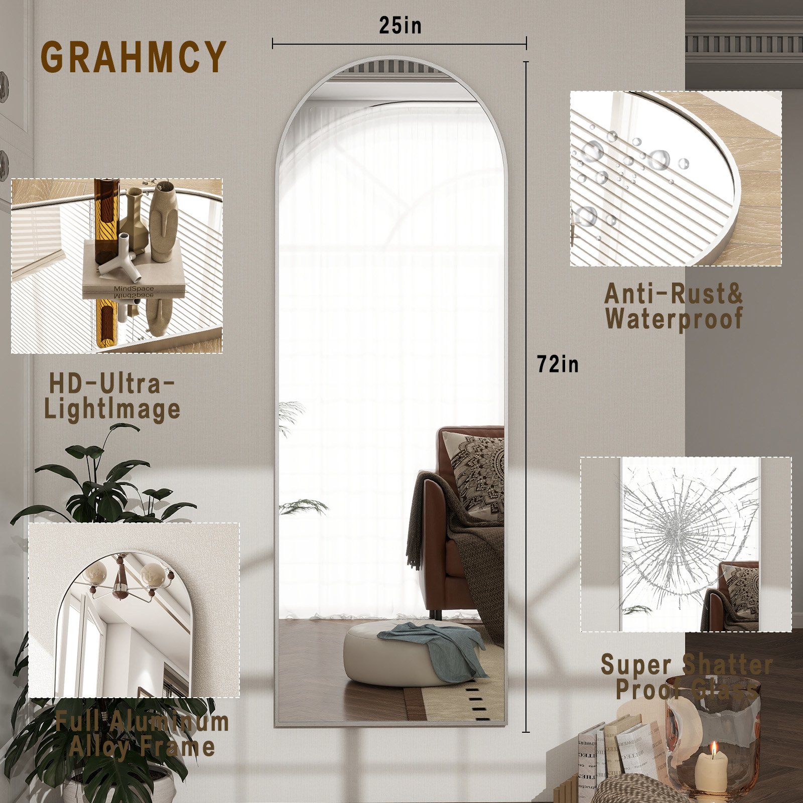 GRAHMCY 72"x25" Arched Floor Mirror with Stand Wall-Mounted, Silver
