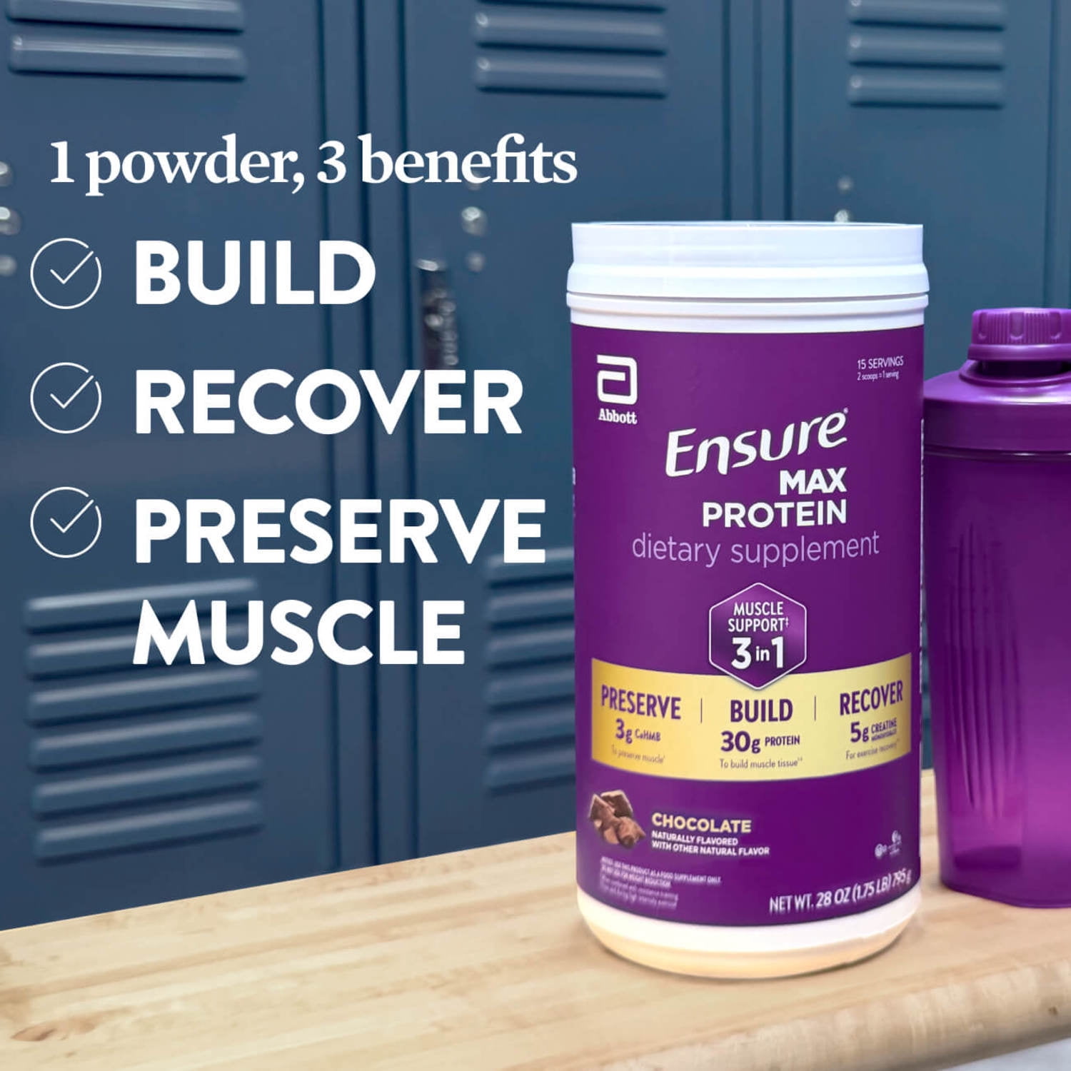 Ensure Max 3-in-1 Powder, Muscle Support, 30g Protein, Creatine, HMB, Chocolate, 2 Pack