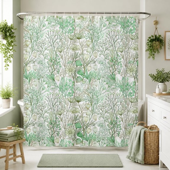 Green Botanical Shower Curtain Floral Wildflower Leaves Fabric Bathroom Curtain with Hooks 71x71 inches