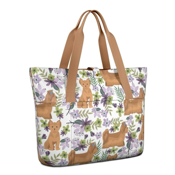 Tote Bag for Women - Yorkie Dog and Flower Florals Shoulder Bag - Large Utility Work Duffle Bag with Zipper Handbag for Travel, Work, Sprots