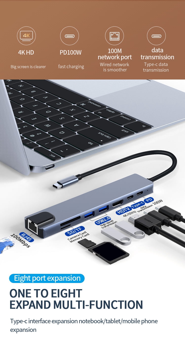 DOONJIEY 8 in-1 USB C Docking Station with 4K HDTV, 100W PD, USB 3.0/2.0, RJ45 100M, SD/TF Card Reader Type-c Hub for Imac  Surface ipad